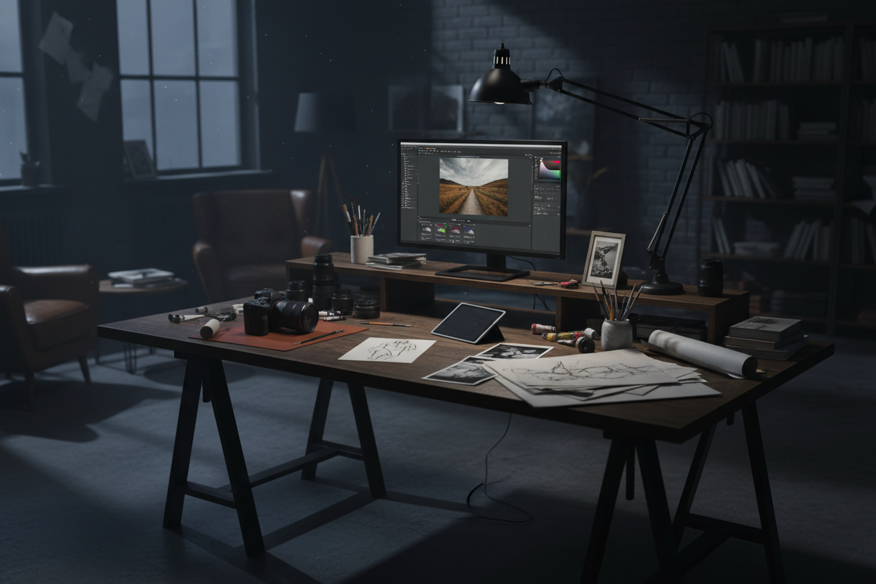 Dark creative workspace for art and photography