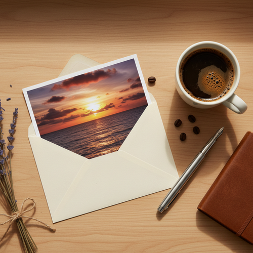 Ocean sunset photo on envelope next to coffee