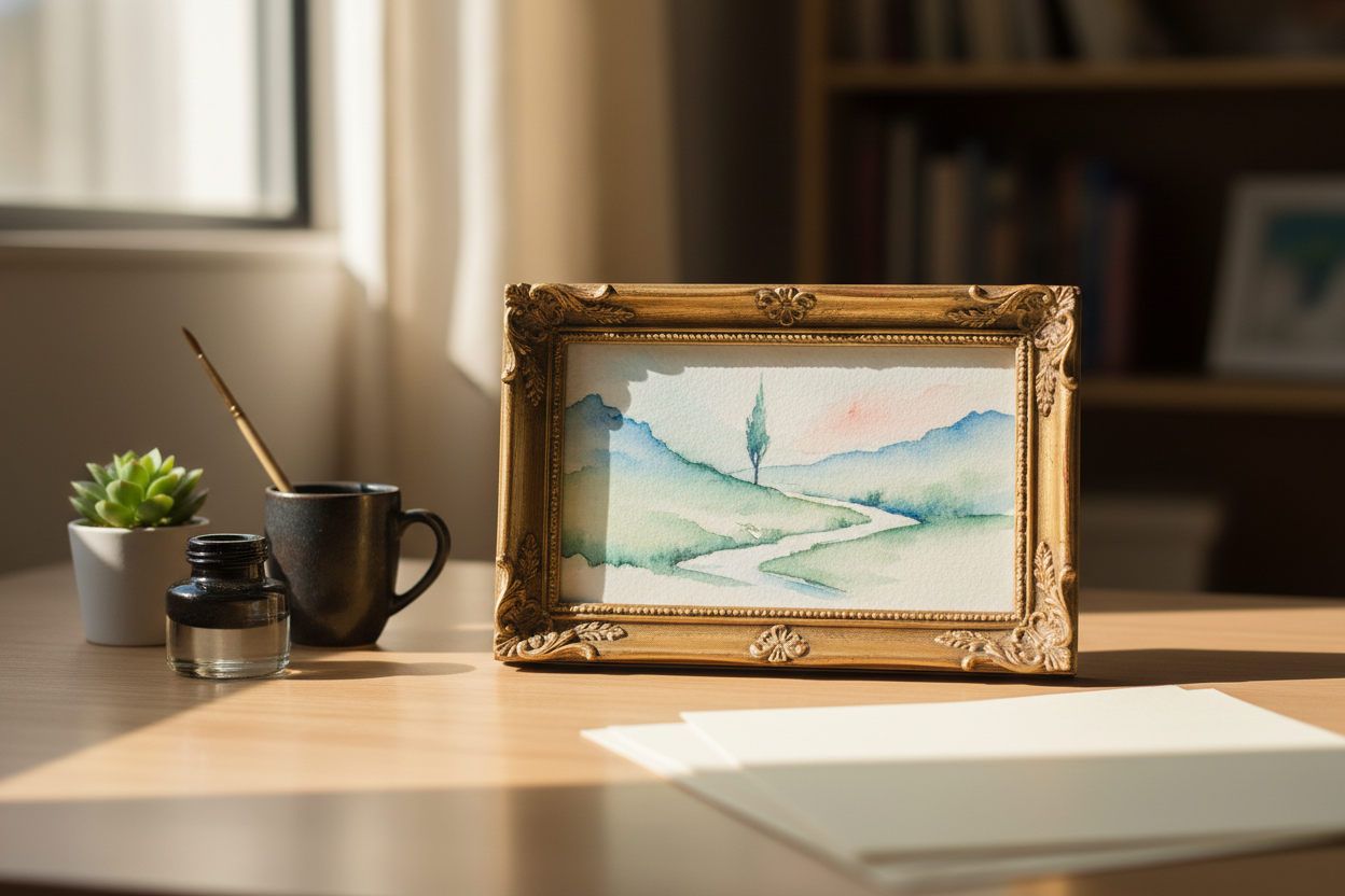 Small framed watercolor picture on a desk
