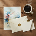 Watercolor picture on envelope next to coffee
