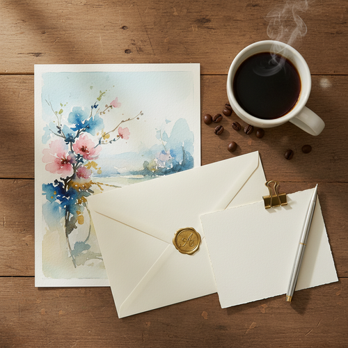 Watercolor picture on envelope next to coffee